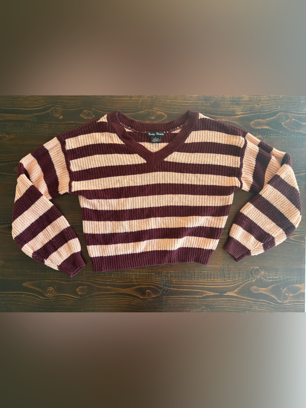 Striped V-Neck Sweater in Maroon and Cream